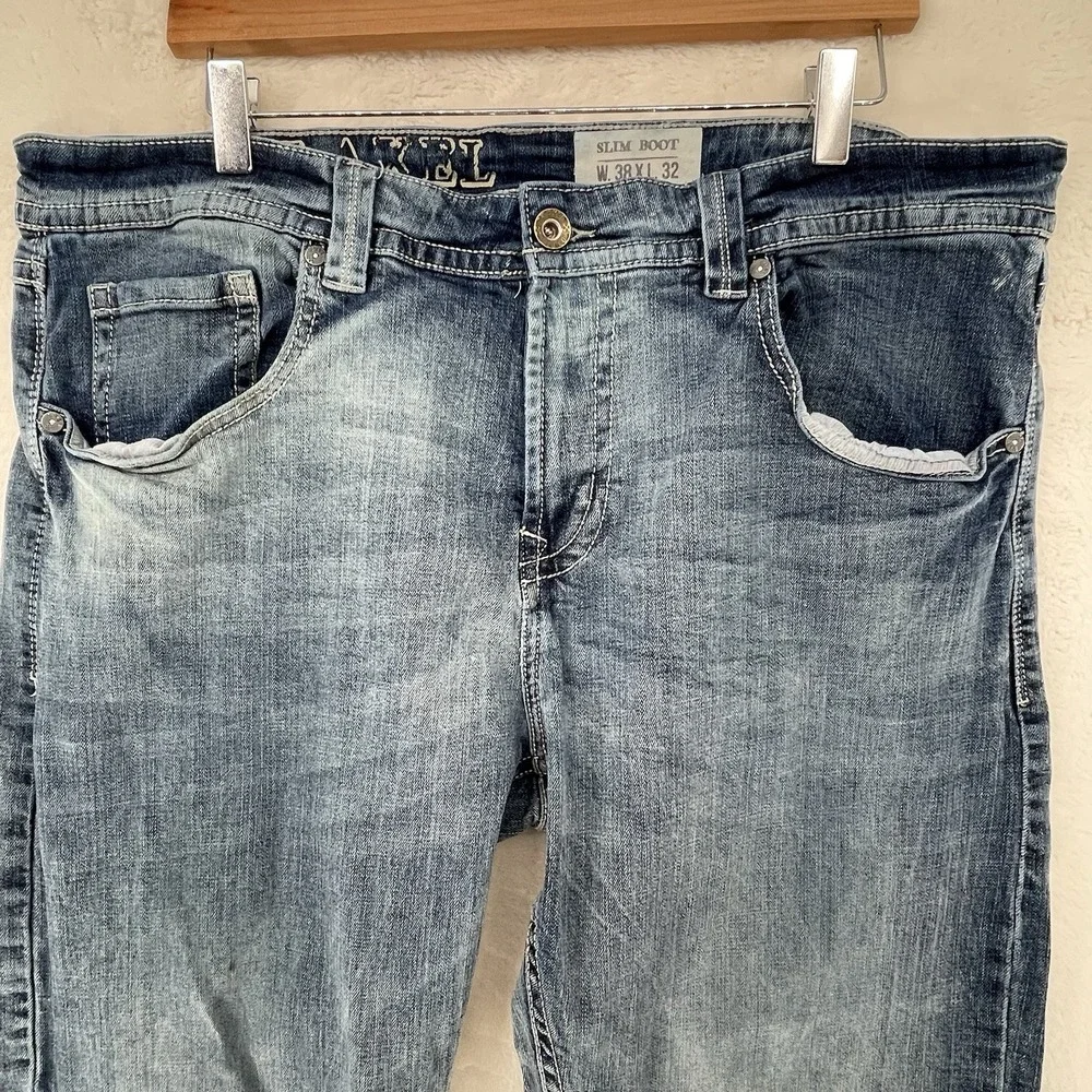 TK Axel Slim Bootcut Jeans Light Wash Distressed Blue Denim 38x32 Mens